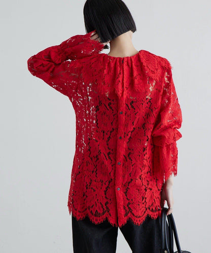 波浪蕾絲 後背開口 襯衫