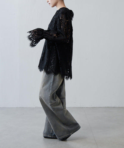 波浪蕾絲 後背開口 襯衫