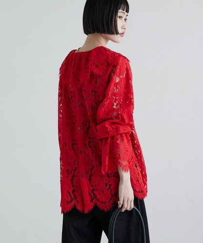 波浪蕾絲 後背開口 襯衫
