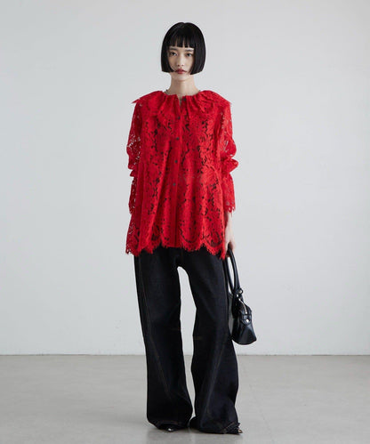 波浪蕾絲 後背開口 襯衫