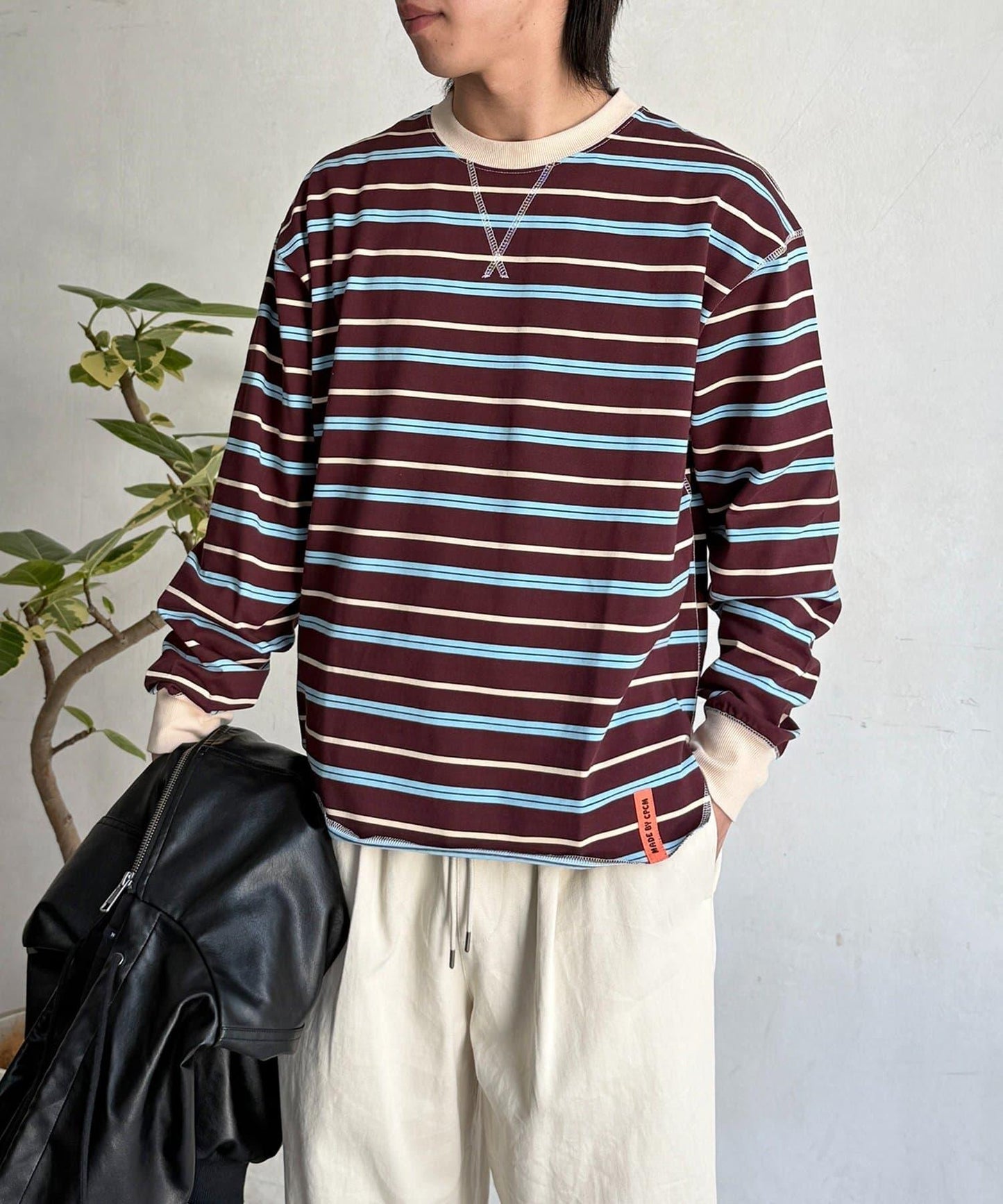 拼接條紋長袖T恤