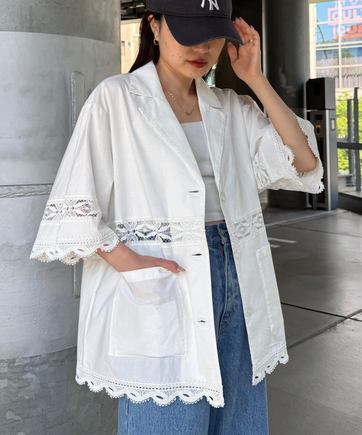 CIAOPANIC TYPY 蕾絲拼接寬鬆五分袖夾克