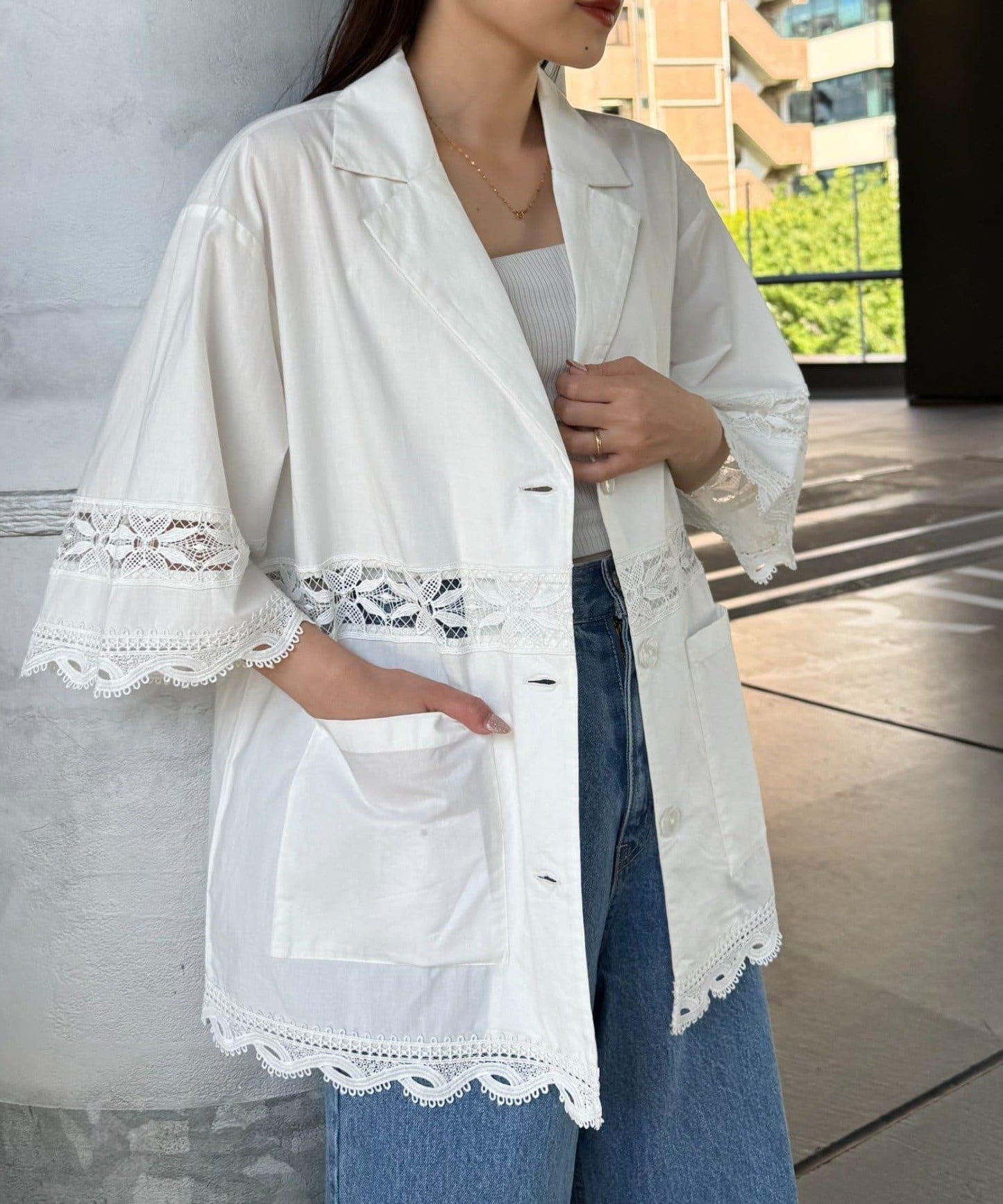 CIAOPANIC TYPY 蕾絲拼接寬鬆五分袖夾克
