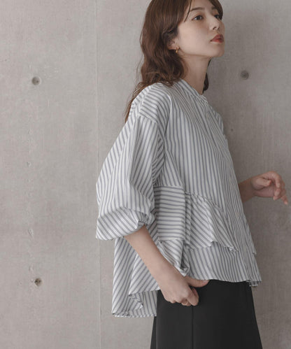 立領荷葉邊條紋襯衫