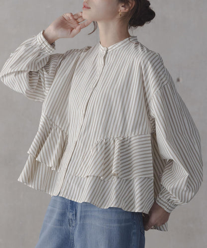 立領荷葉邊條紋襯衫