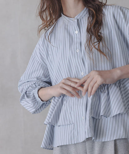 立領荷葉邊條紋襯衫