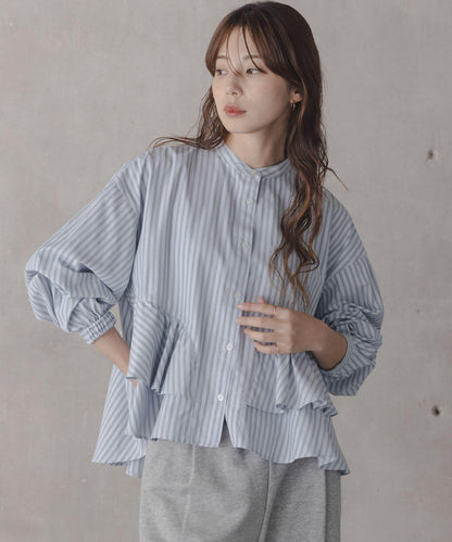 立領荷葉邊條紋襯衫