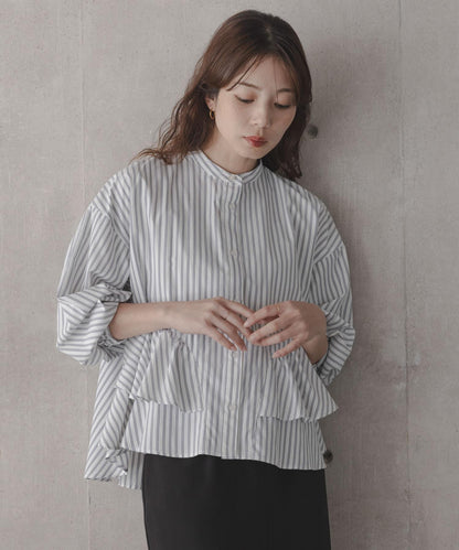 立領荷葉邊條紋襯衫