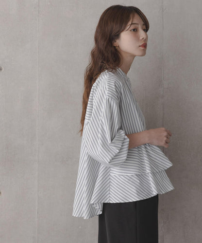 立領荷葉邊條紋襯衫