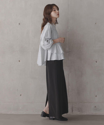 立領荷葉邊條紋襯衫