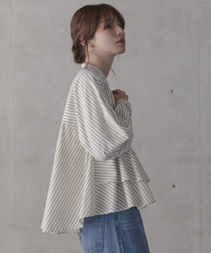 立領荷葉邊條紋襯衫