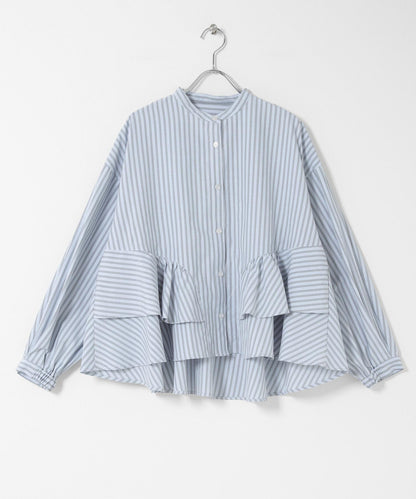 立領荷葉邊條紋襯衫