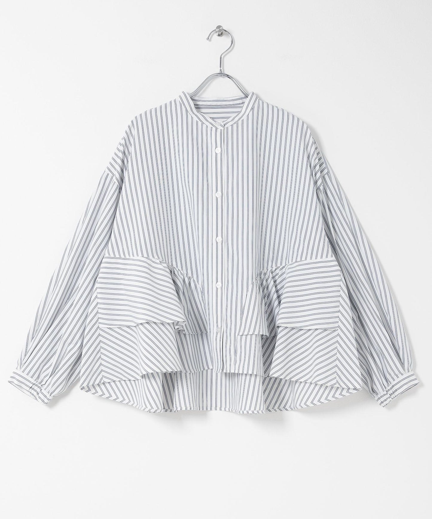 立領荷葉邊條紋襯衫