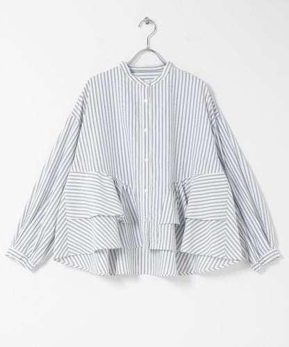 立領荷葉邊條紋襯衫