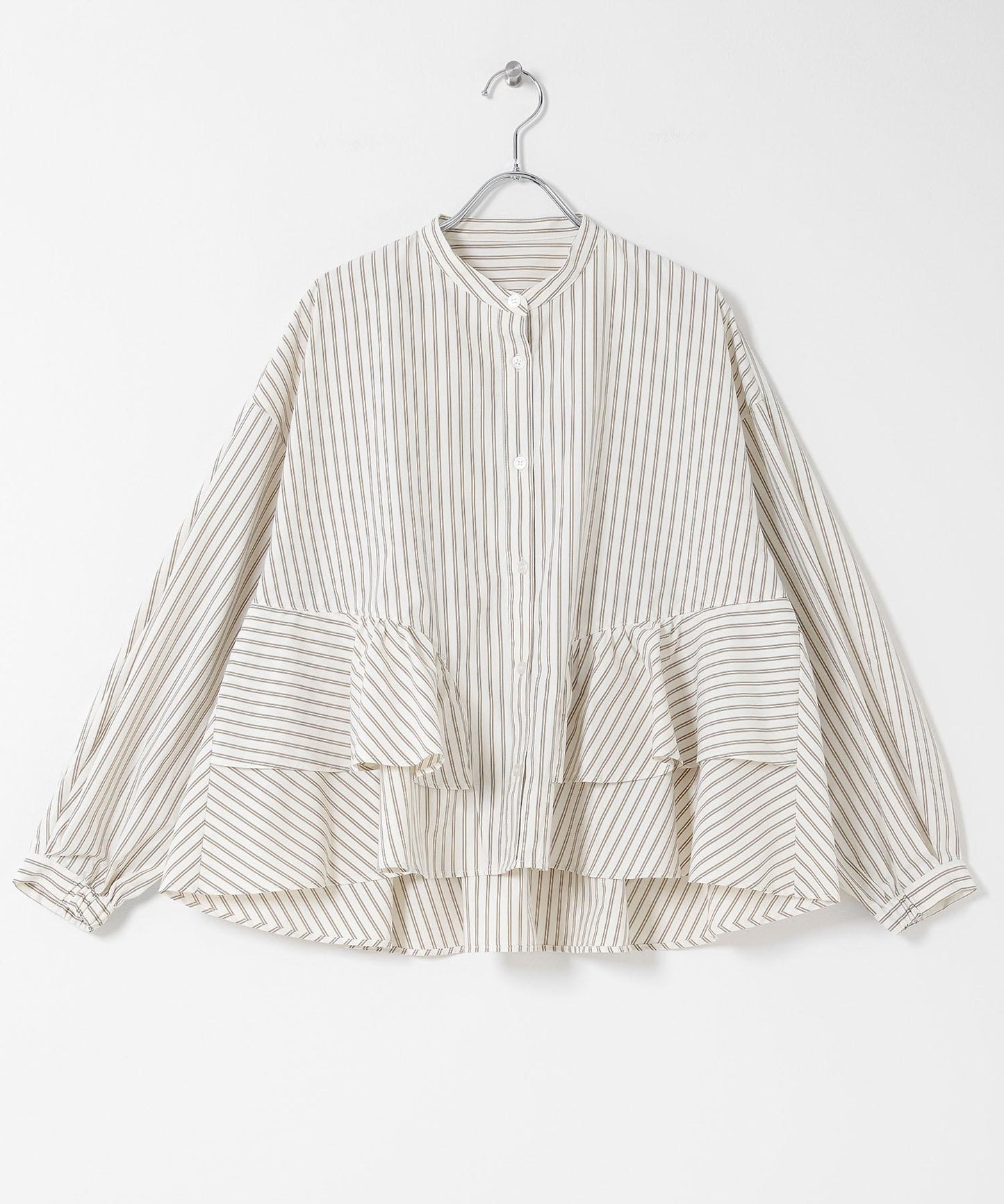 立領荷葉邊條紋襯衫