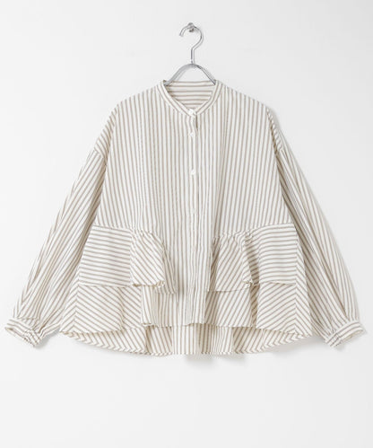 立領荷葉邊條紋襯衫