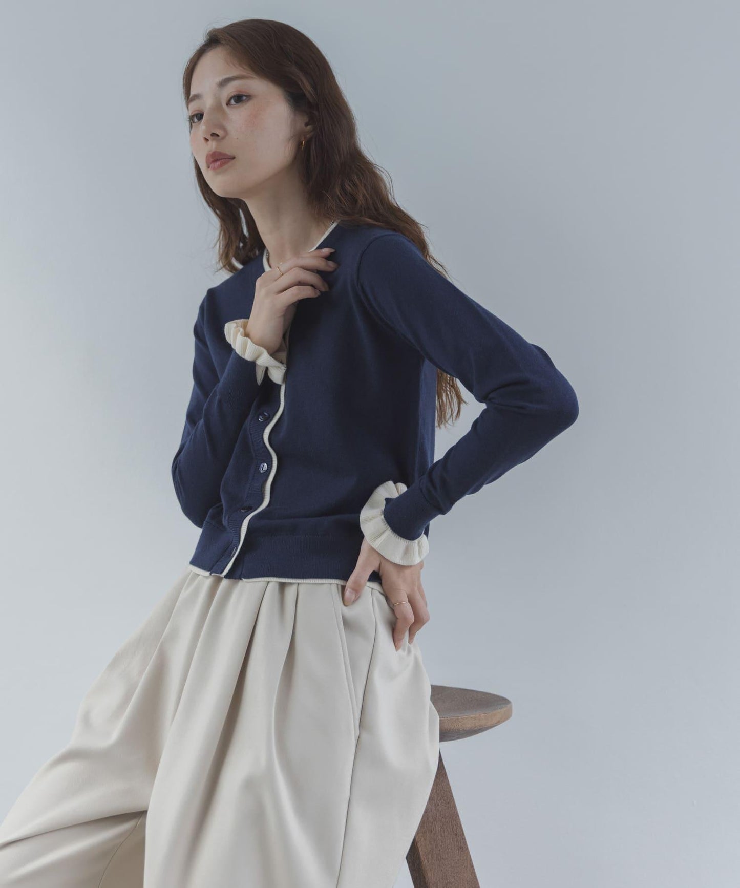 拼色荷葉邊針織開衫