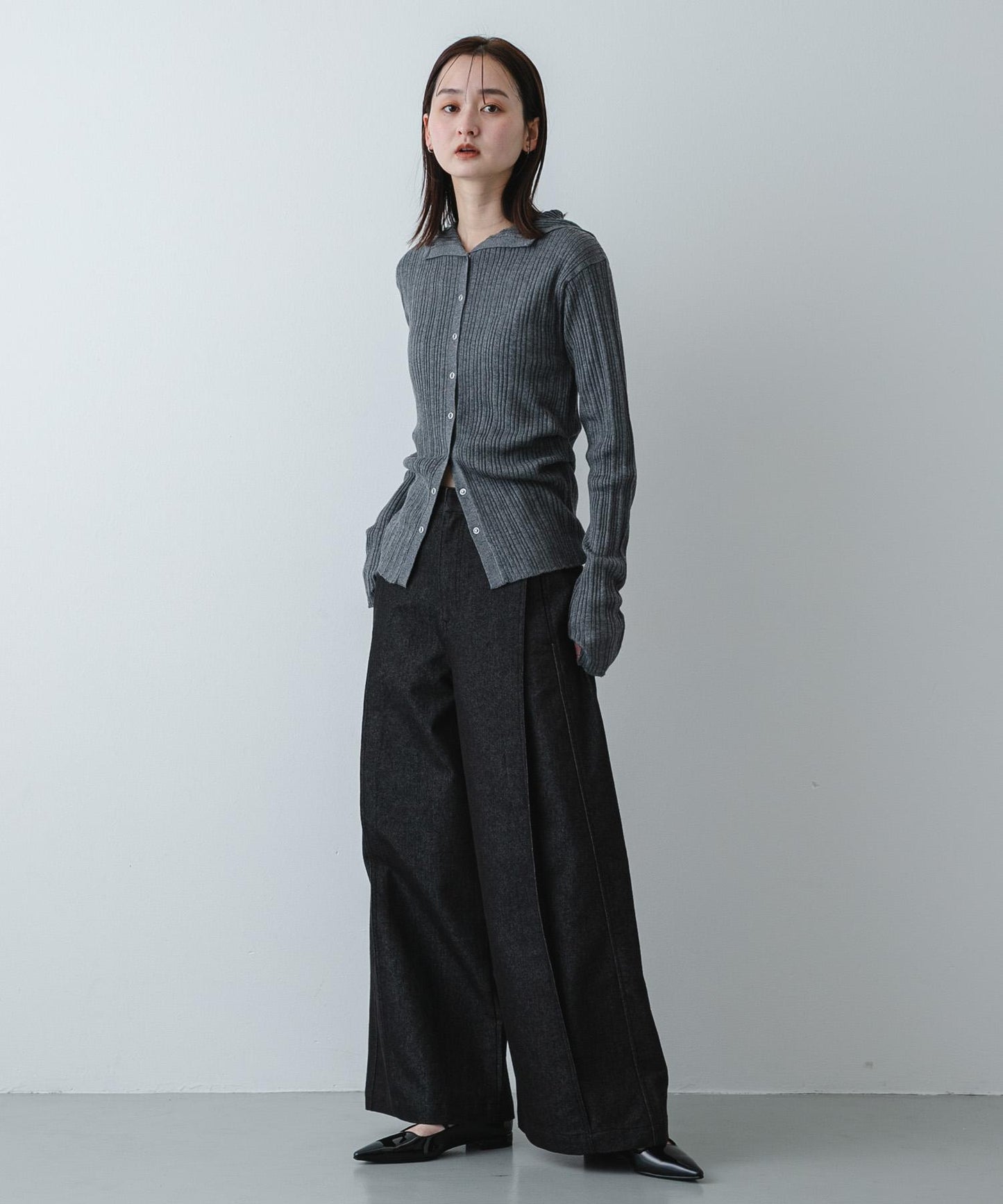 多段羅紋針織連帽衫