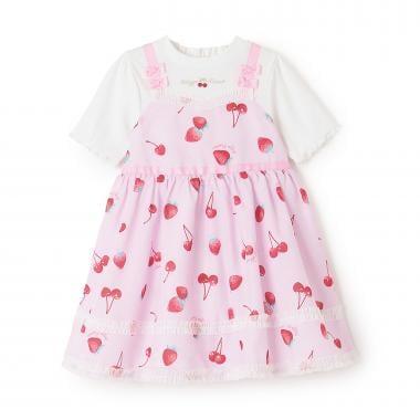 草莓櫻桃波點圖案拼接設計連衣裙&布魯馬短褲套裝