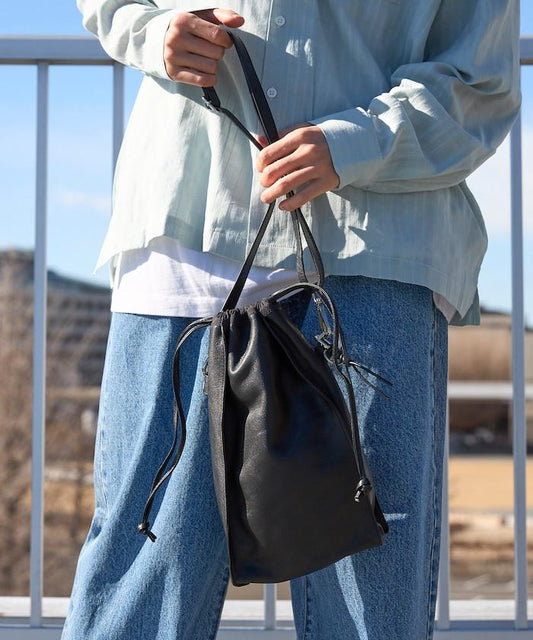 撥水牛皮 豎款束口 2WAY Leather Shoulder Bag 3 單肩包