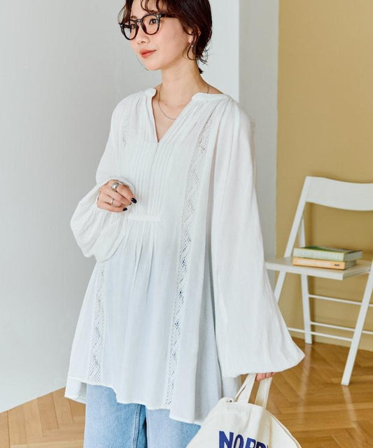 印度蕾絲壓褶長袖襯衫