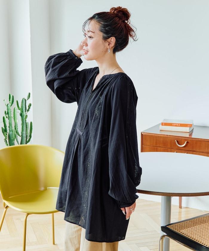 印度蕾絲壓褶長袖襯衫