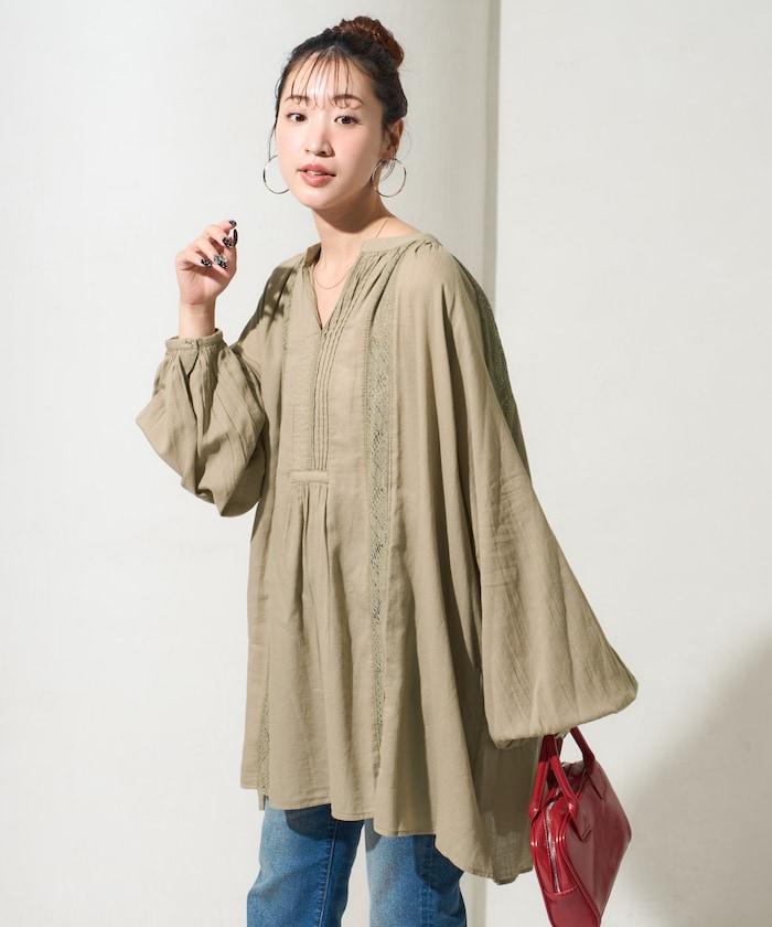 印度蕾絲壓褶長袖襯衫