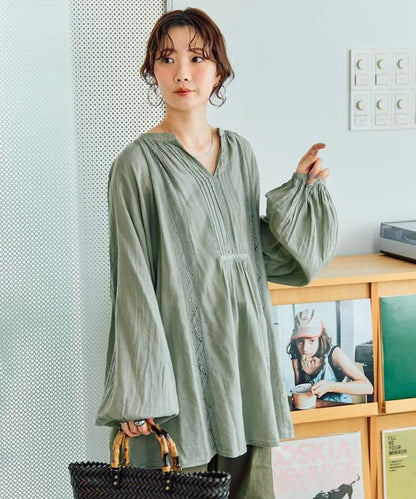 印度蕾絲壓褶長袖襯衫