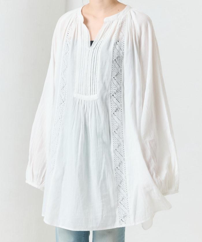 印度蕾絲壓褶長袖襯衫