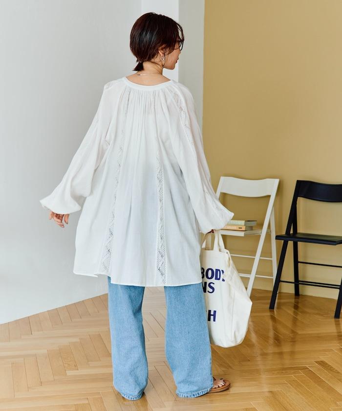 印度蕾絲壓褶長袖襯衫