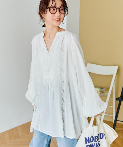 印度蕾絲壓褶長袖襯衫