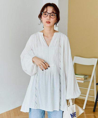 印度蕾絲壓褶長袖襯衫