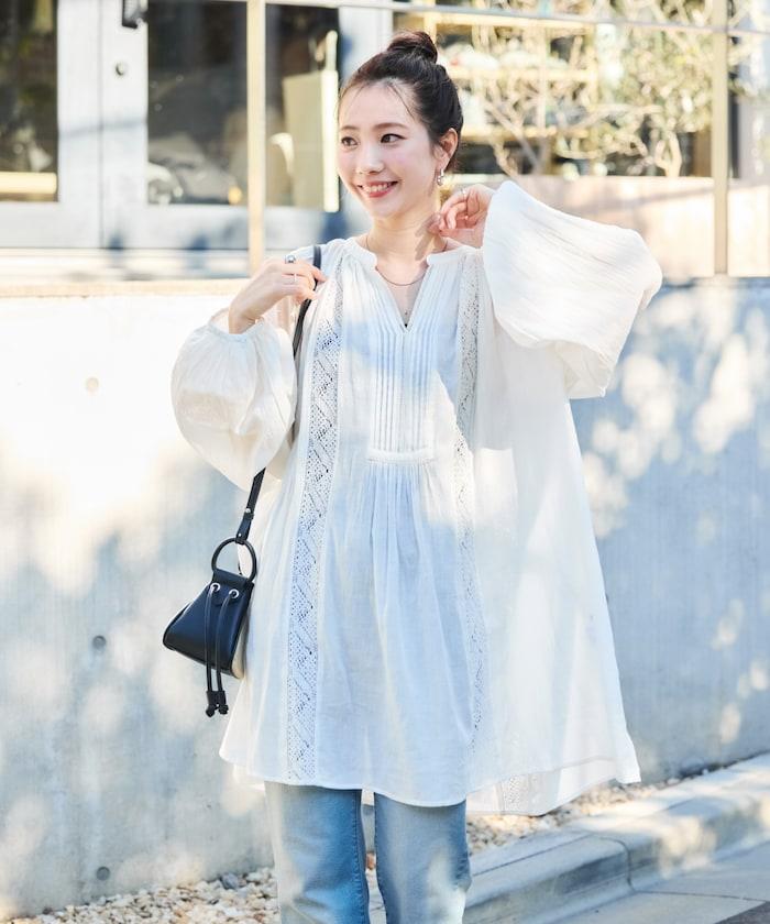 印度蕾絲壓褶長袖襯衫