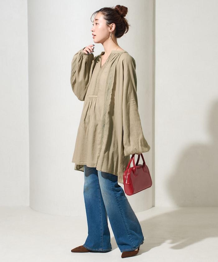 印度蕾絲壓褶長袖襯衫