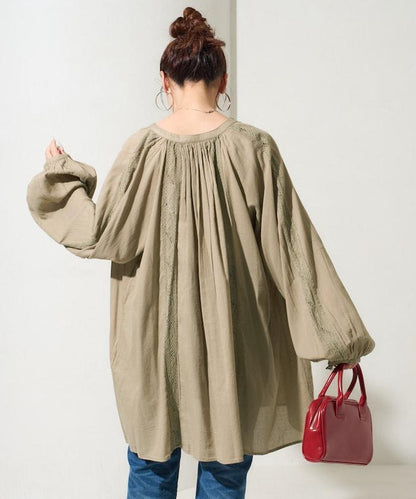 印度蕾絲壓褶長袖襯衫