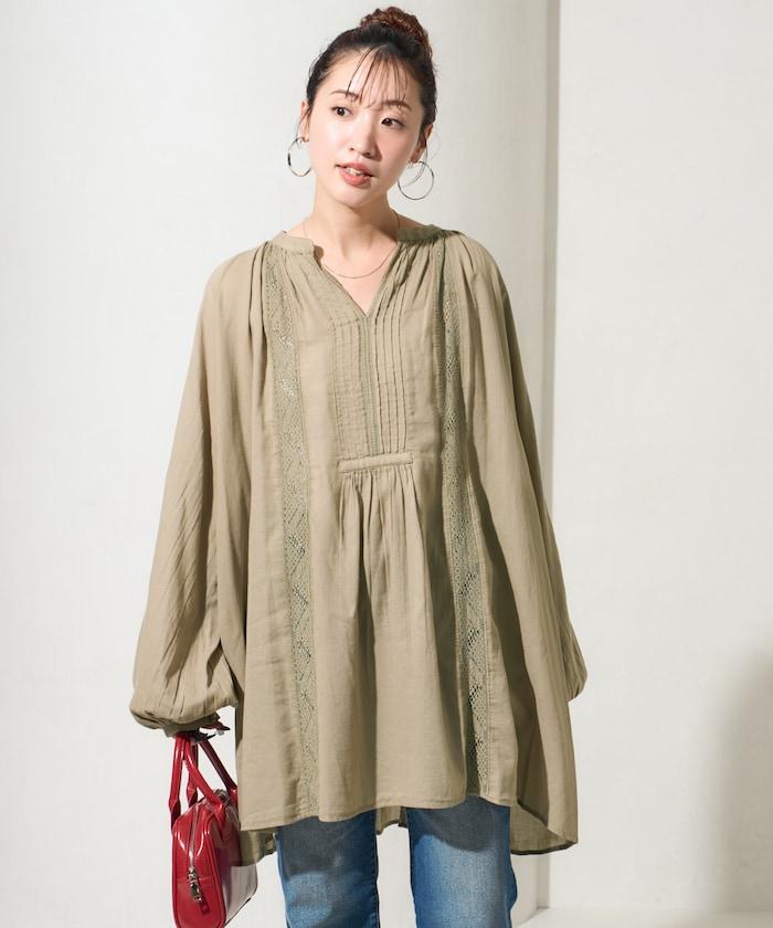 印度蕾絲壓褶長袖襯衫