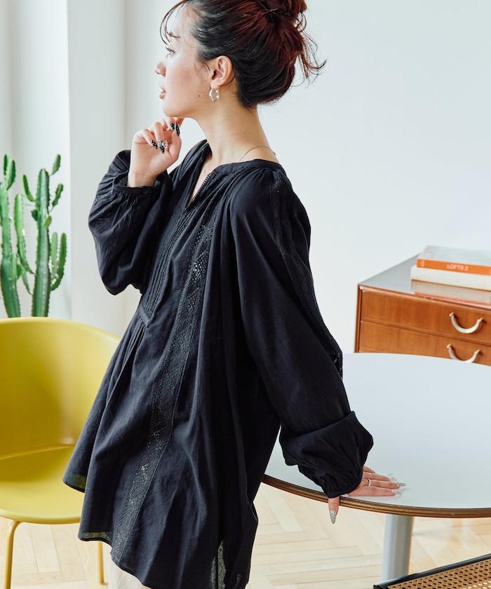 印度蕾絲壓褶長袖襯衫