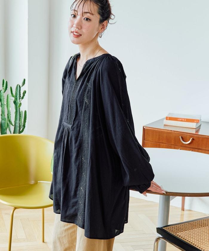 印度蕾絲壓褶長袖襯衫