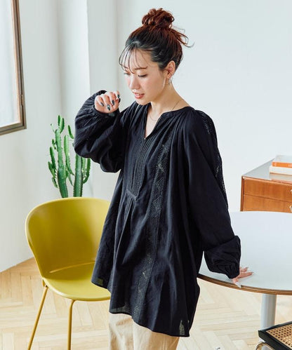 印度蕾絲壓褶長袖襯衫