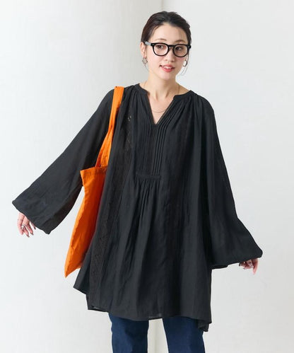 印度蕾絲壓褶長袖襯衫