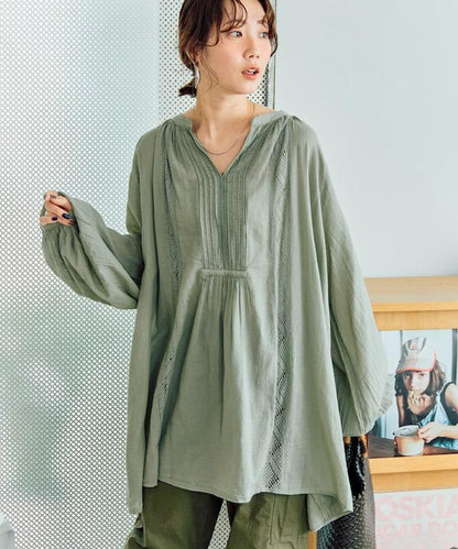 印度蕾絲壓褶長袖襯衫