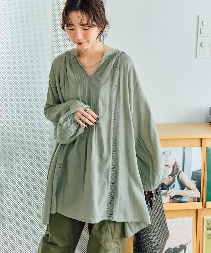 印度蕾絲壓褶長袖襯衫