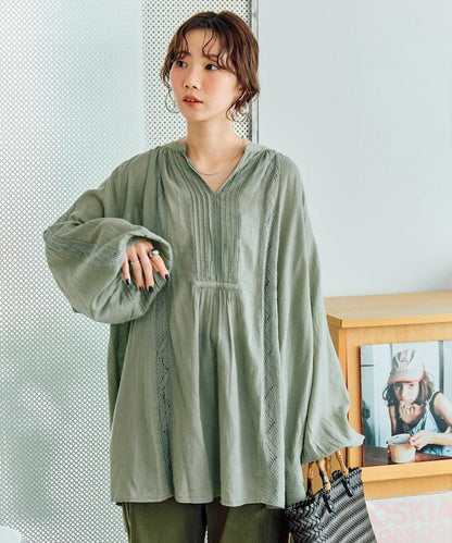 印度蕾絲壓褶長袖襯衫