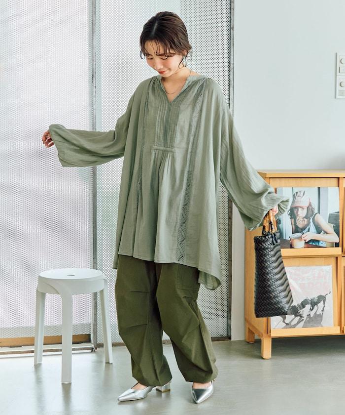 印度蕾絲壓褶長袖襯衫