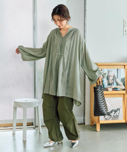 印度蕾絲壓褶長袖襯衫