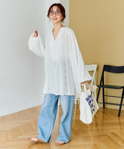 印度蕾絲壓褶長袖襯衫