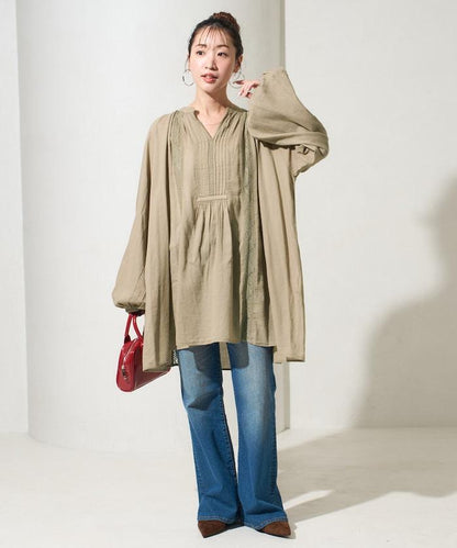 印度蕾絲壓褶長袖襯衫