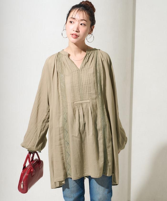 印度蕾絲壓褶長袖襯衫