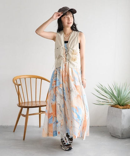 印度大理石印花吊帶連衣裙