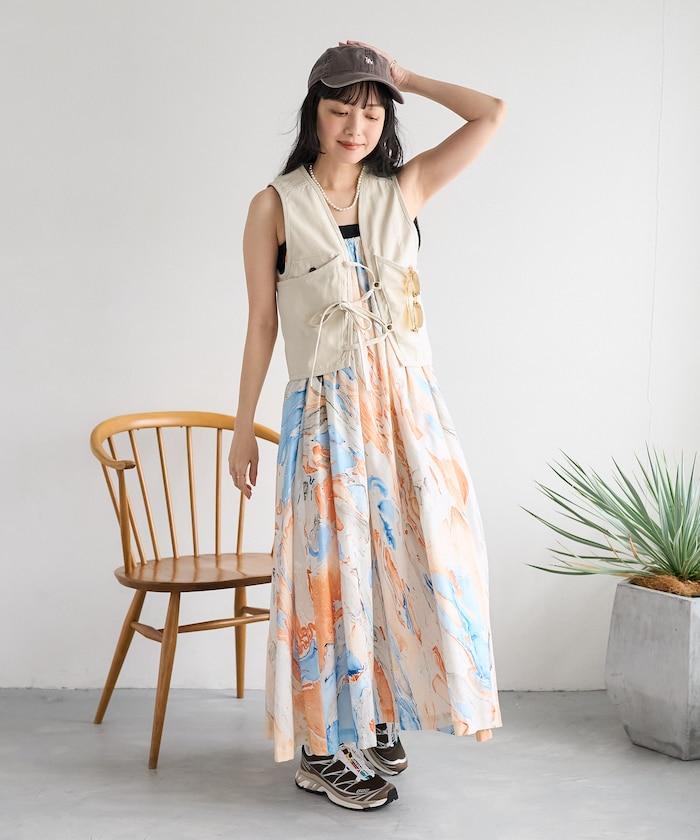 印度大理石印花吊帶連衣裙